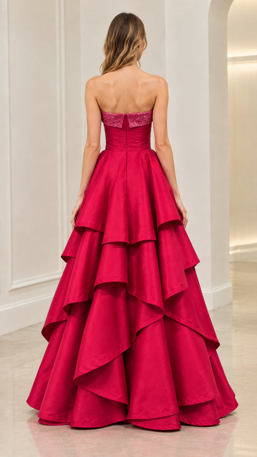 Back view of Fuchsia tiered strapless ball gown showing rear zipper and flowing ruffles
