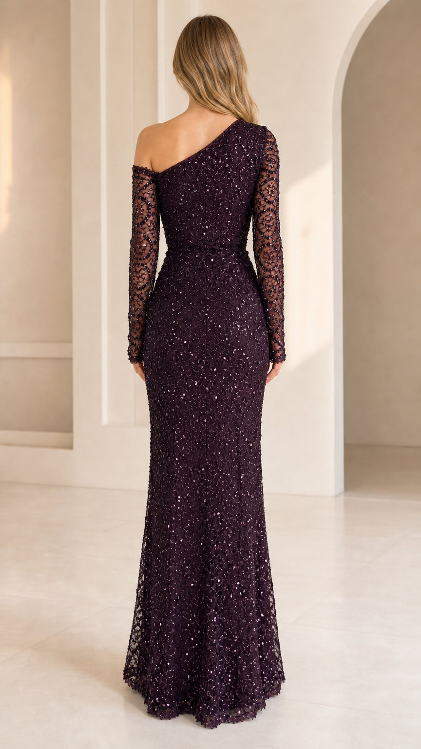 Back view of plum one-shoulder sequin lace formal gown