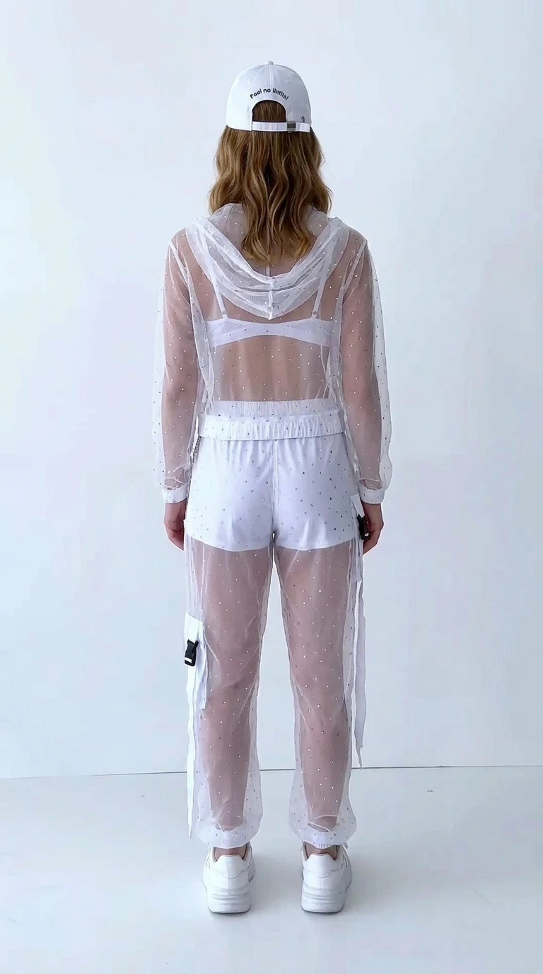 Back view of white sheer mesh hooded tracksuit set