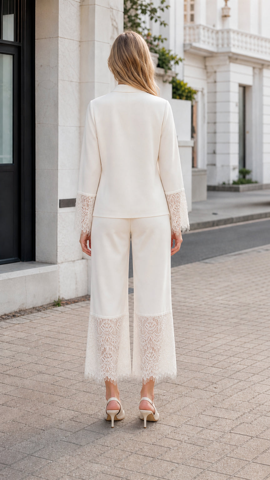 Back full view of woman wearing elegant ivory pant set with lace detailing