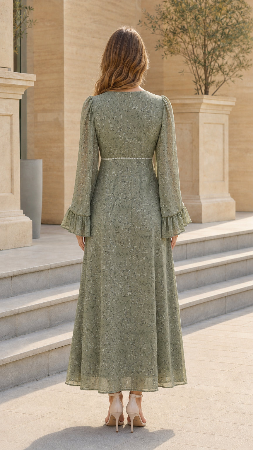 Sage green floral A-line maxi dress back view