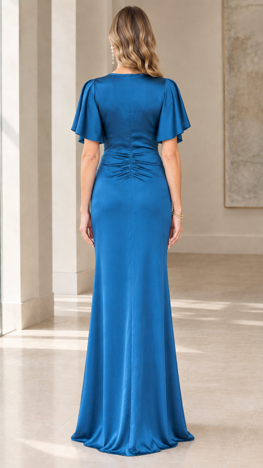 Back view of Ocean Blue satin maxi dress showing back ruching and floor-length hem