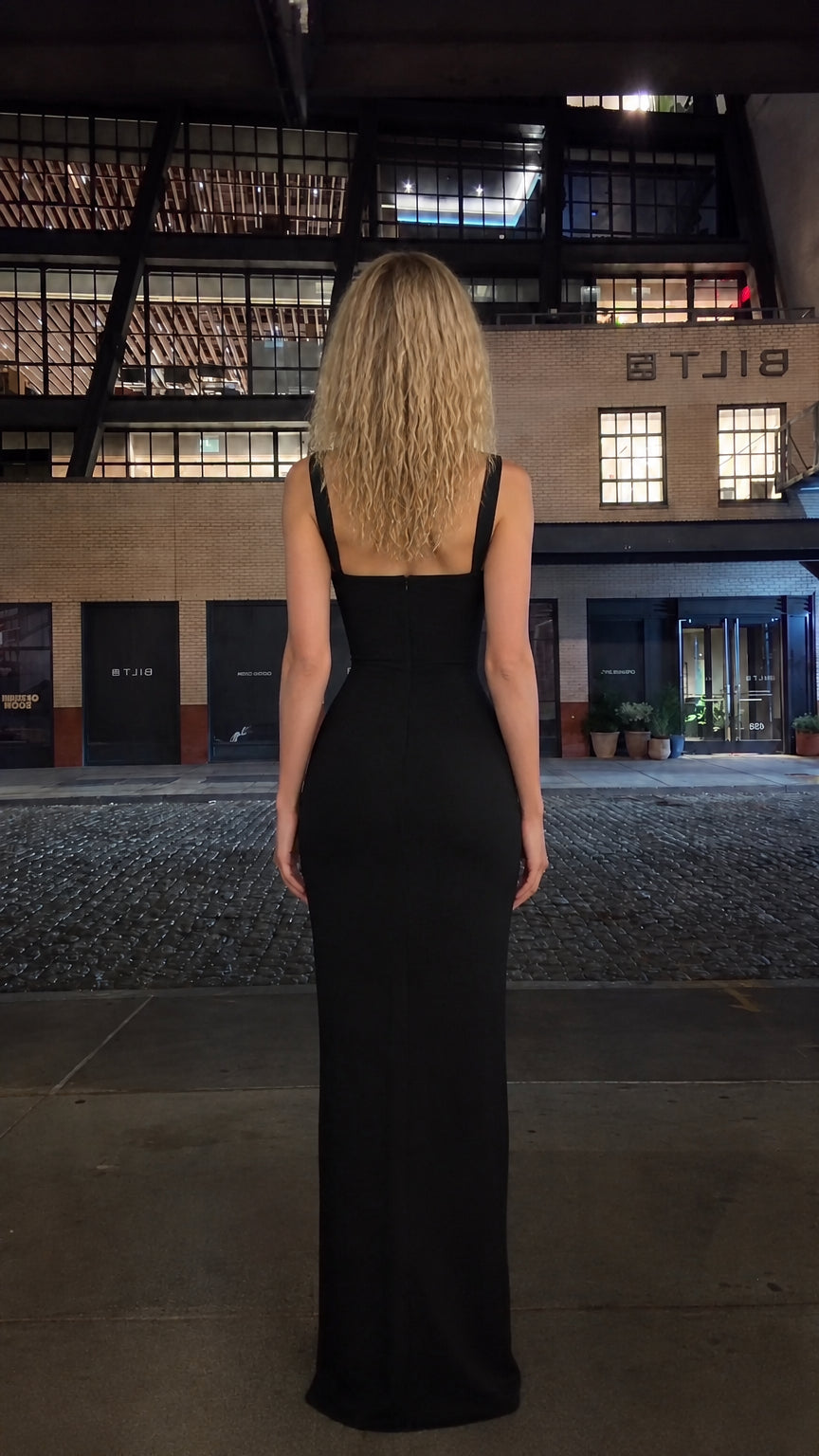 Back view of black sleeveless evening gown