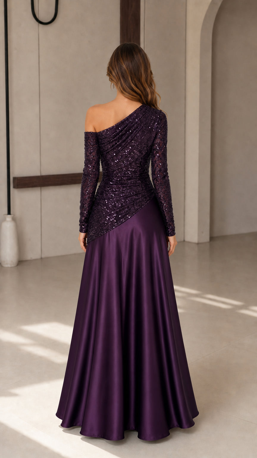 Back view of deep purple sequin bodice satin A-line maxi gown