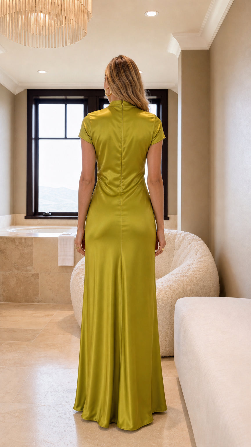 Olive green high neck evening dress rear view