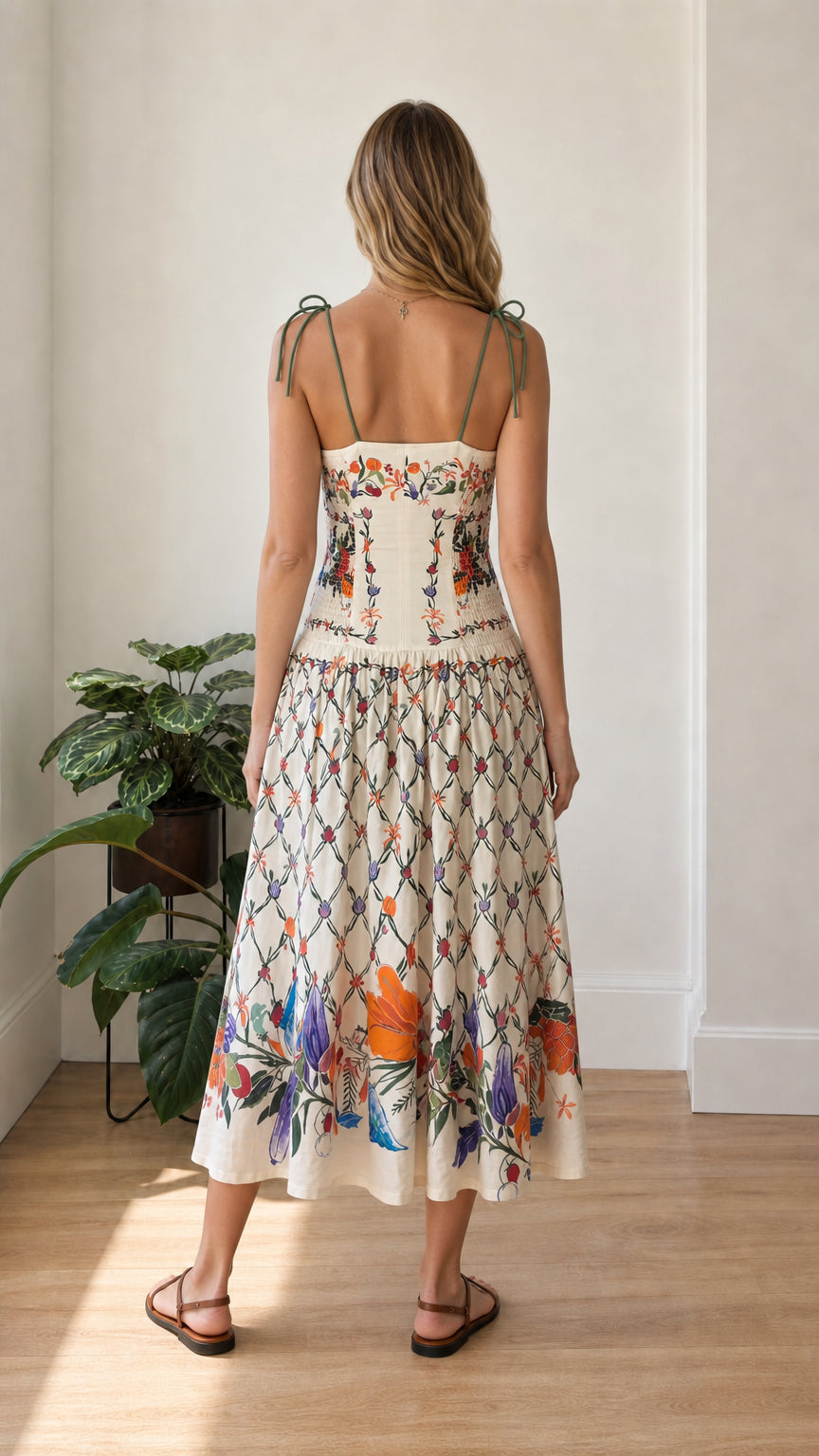 Back view of model in ivory botanical tie-strap midi dress