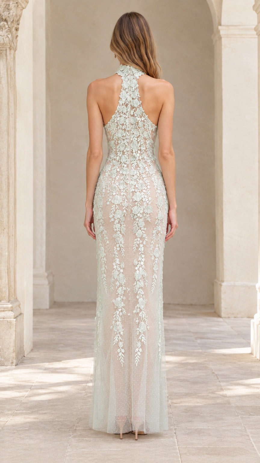 Back view of model in Sage Green halter floral lace formal gown
