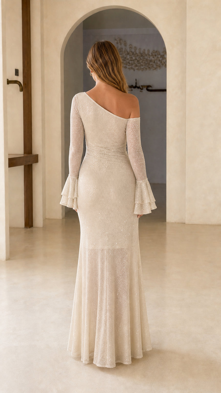 Champagne long sleeve one-shoulder dress back view