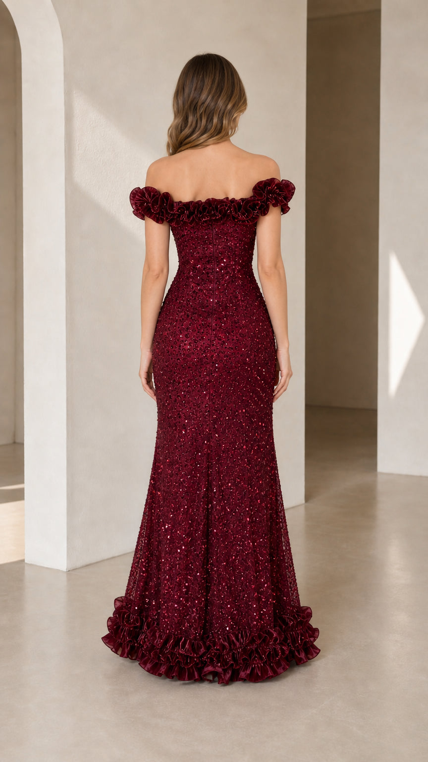 Burgundy off-the-shoulder sequin formal dress back view