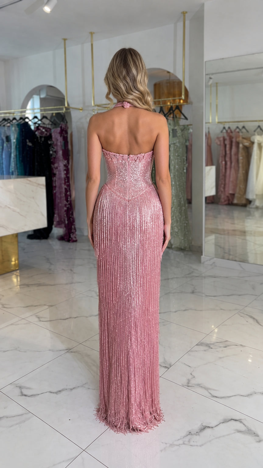 Back view of Dusty Rose halter open-back fringe maxi dress
