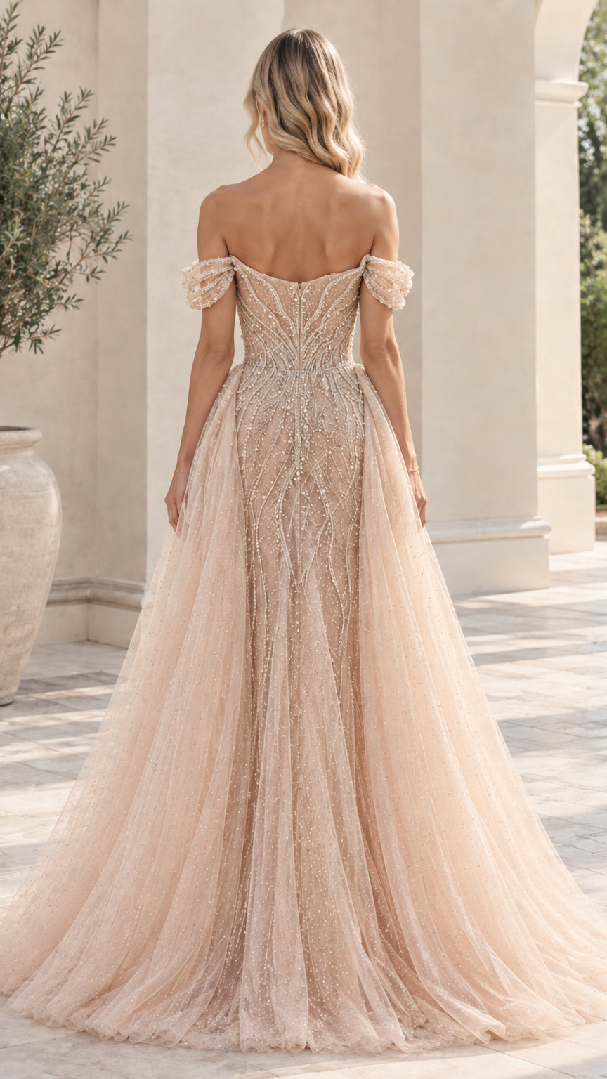 Back view of champagne sweetheart off-the-shoulder formal evening dress