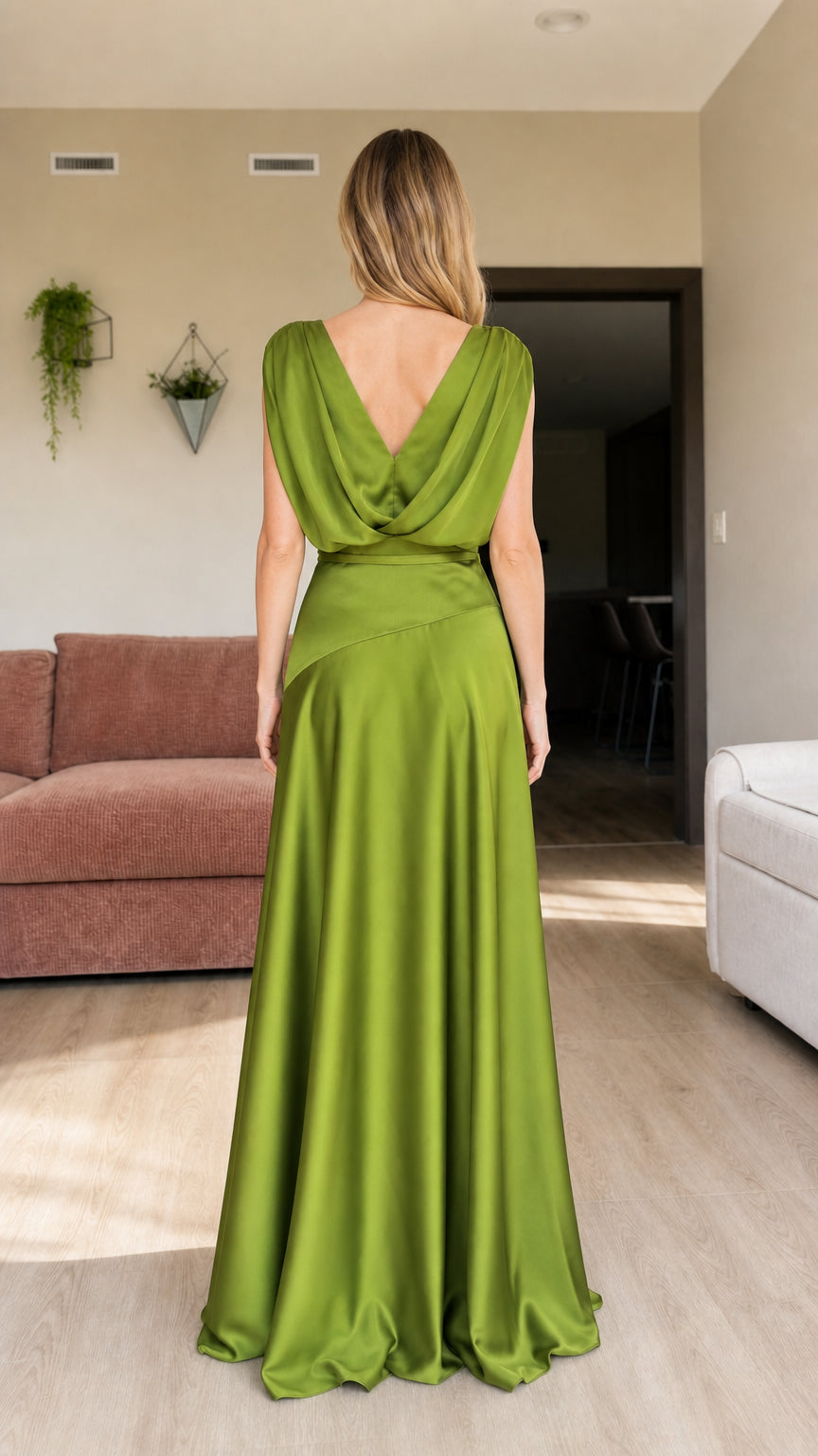 Back view of woman showing draped cowl back on olive green satin maxi dress
