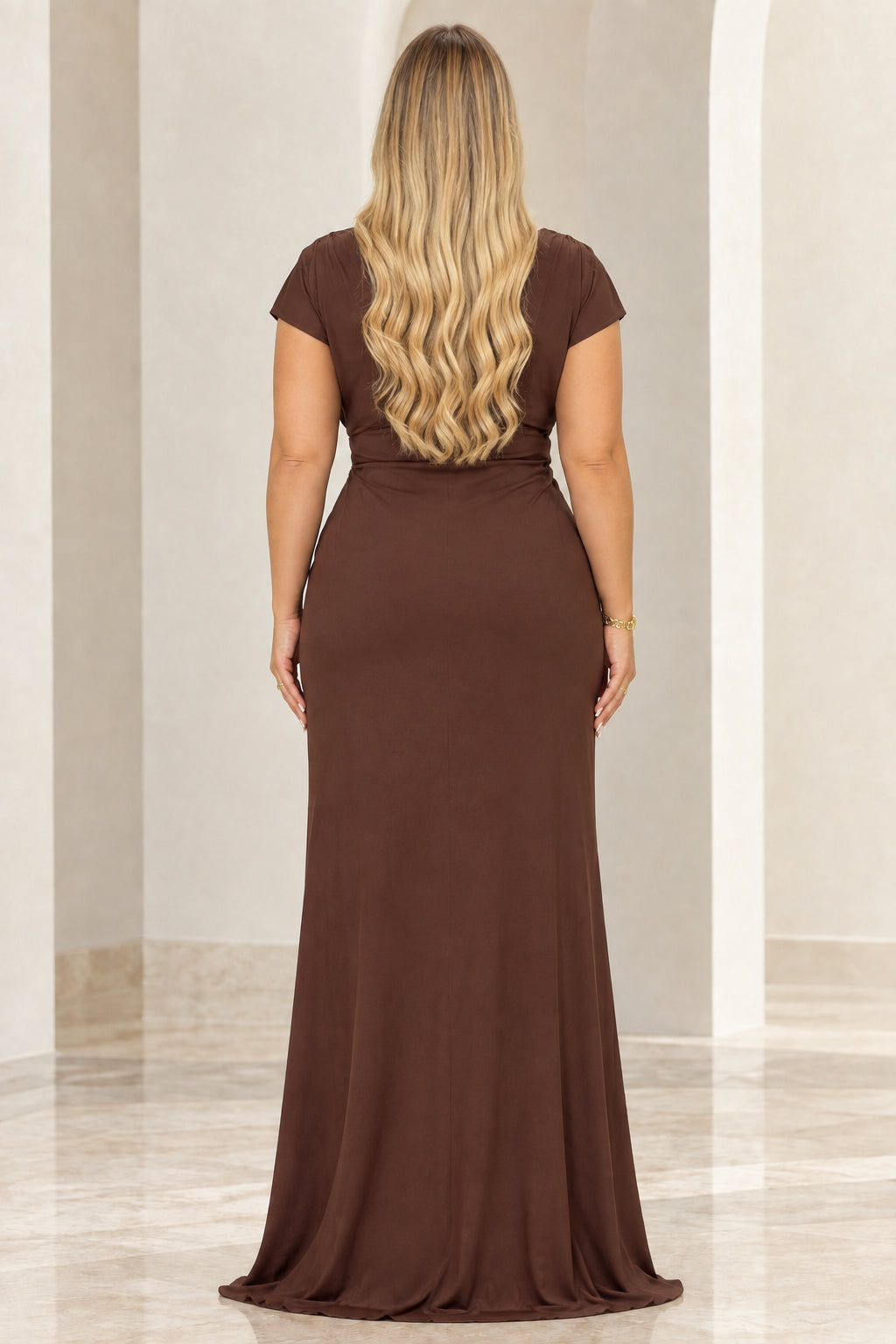 Back view of chocolate brown short-sleeve formal maxi dress