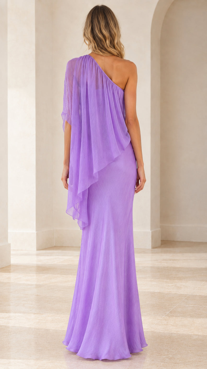 Back view of floor-length lavender one-shoulder formal dress