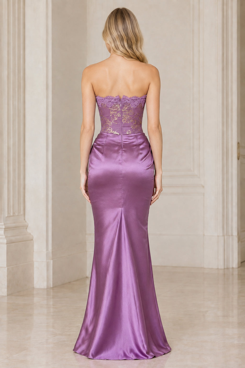 Purple satin mermaid evening gown back view