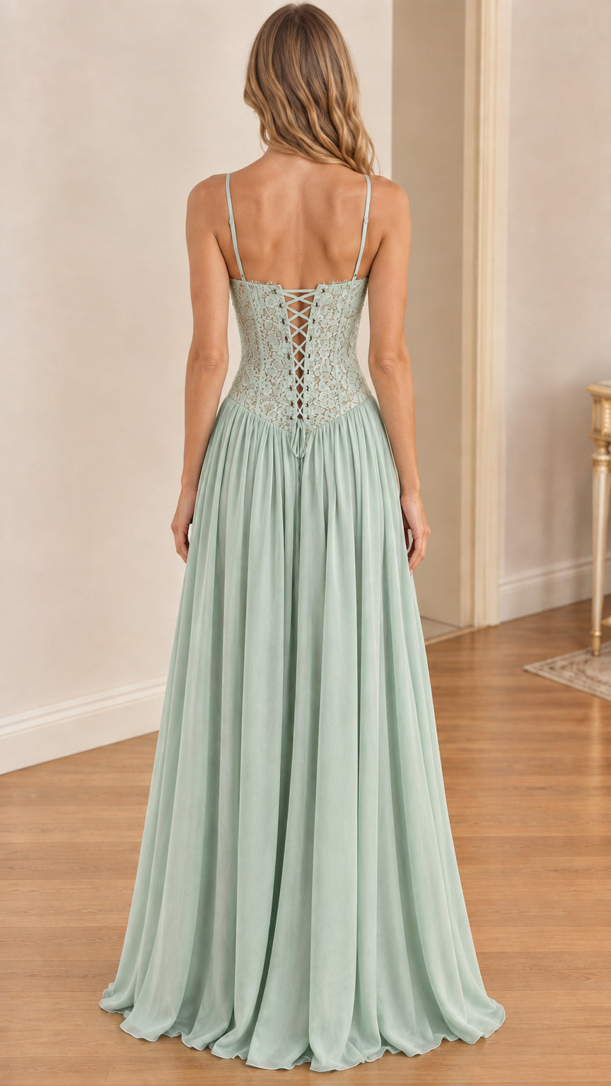 Back view of sage green maxi dress highlighting adjustable corset lace-up closure