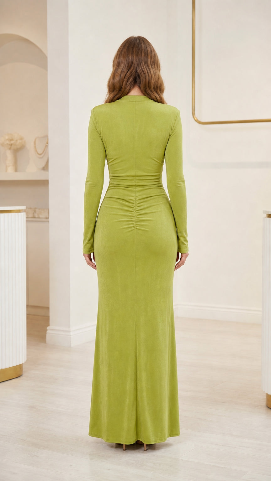 Back view of woman wearing Olive Green ruched velvet floor-length dress
