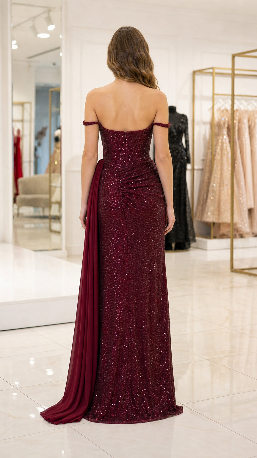 Back view of burgundy off-the-shoulder sequin maxi dress