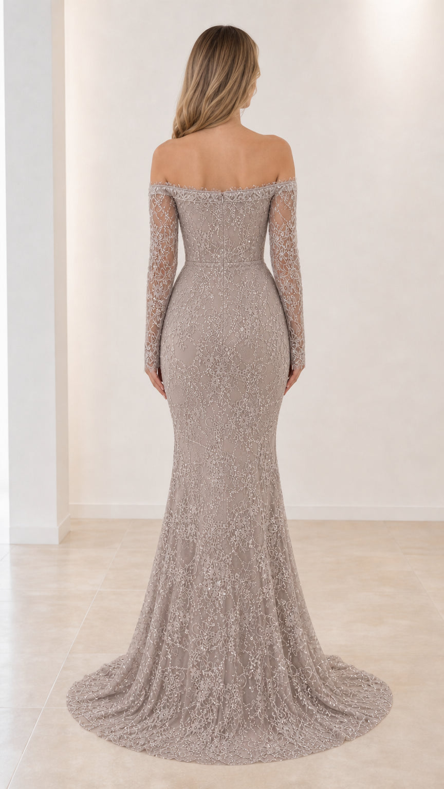 Back view of model in Silver Gray mermaid lace evening dress with sweep train