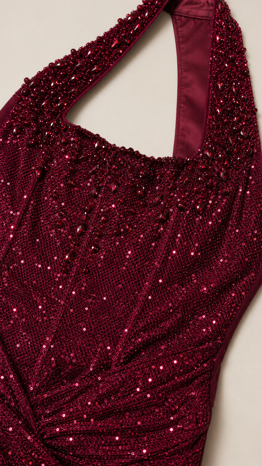 Close-up of burgundy sequin bodice with corset boning and ruching details