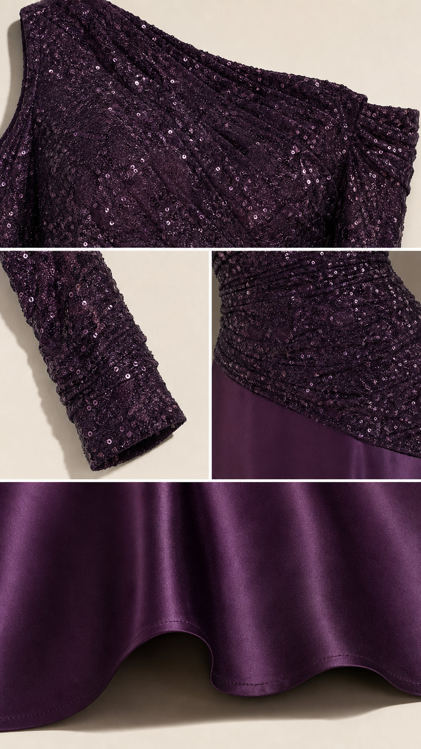 Close-up details of deep purple sequin texture, sleeve, and satin skirt fabric