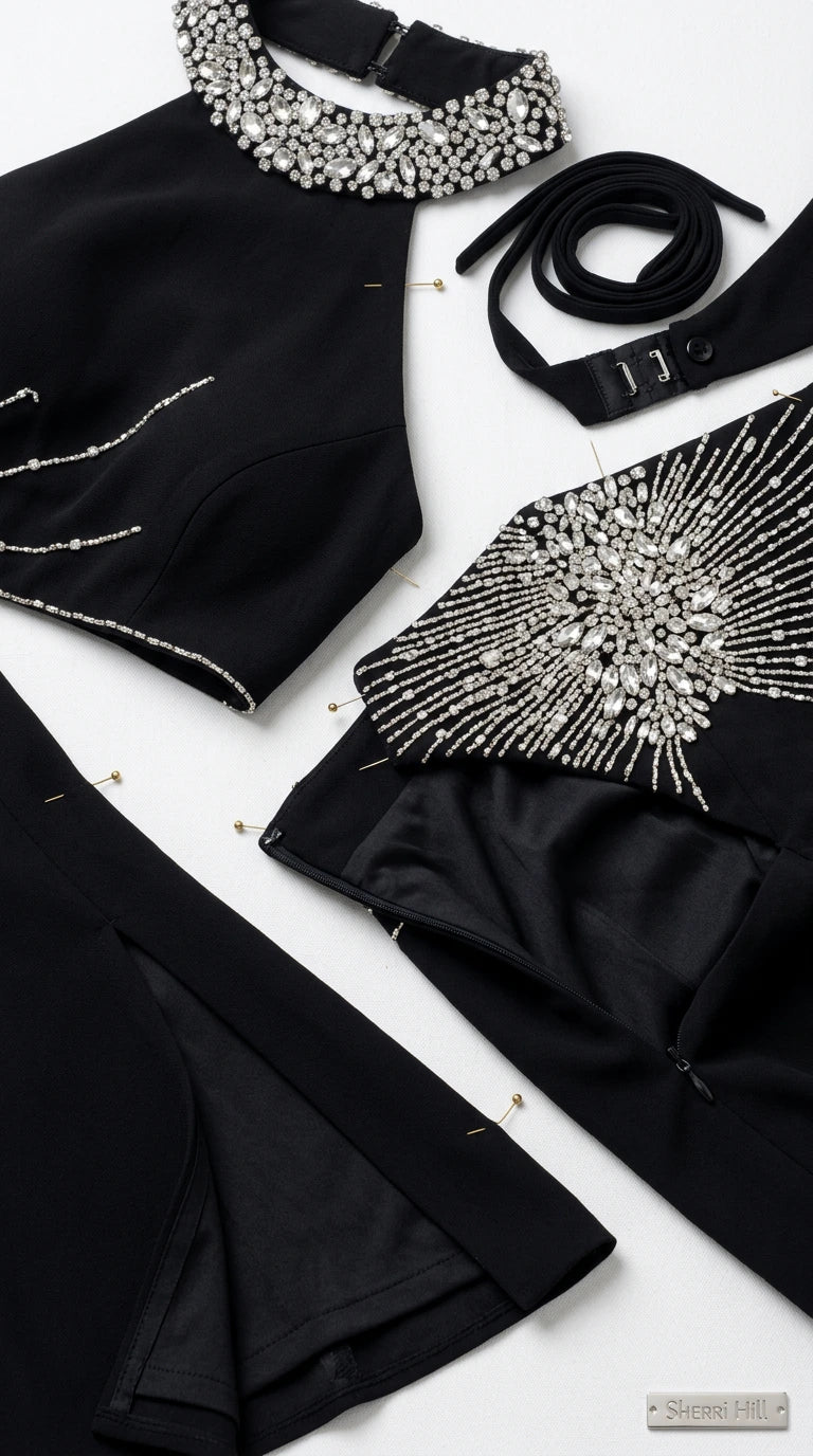 Close-up detail of rhinestone collar and beaded hip embellishments on black gown