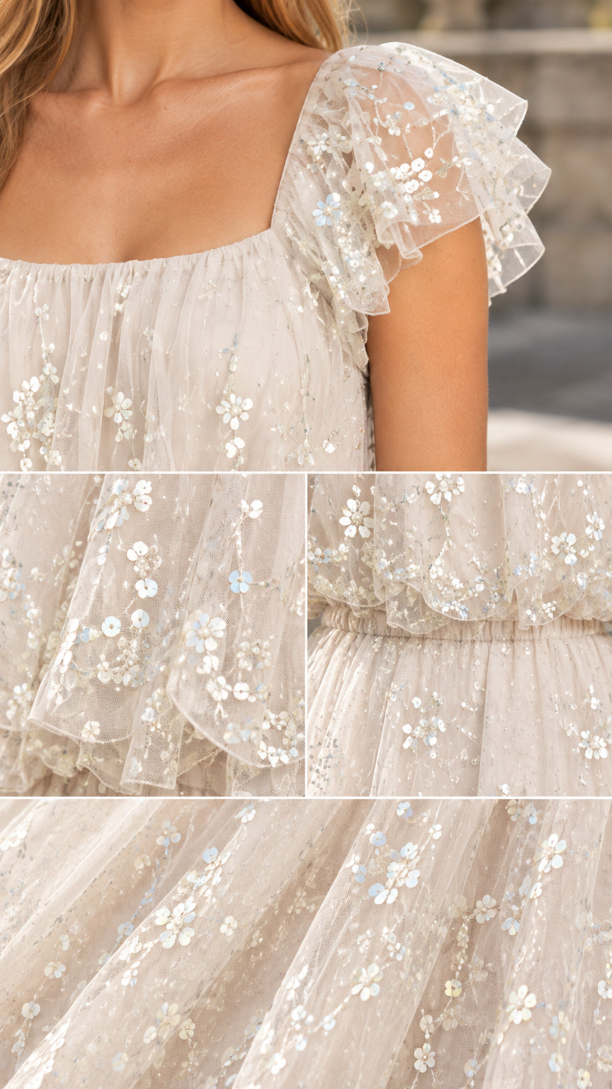 Close-up details of sequin floral embroidery, flutter sleeve, and gathered waistline