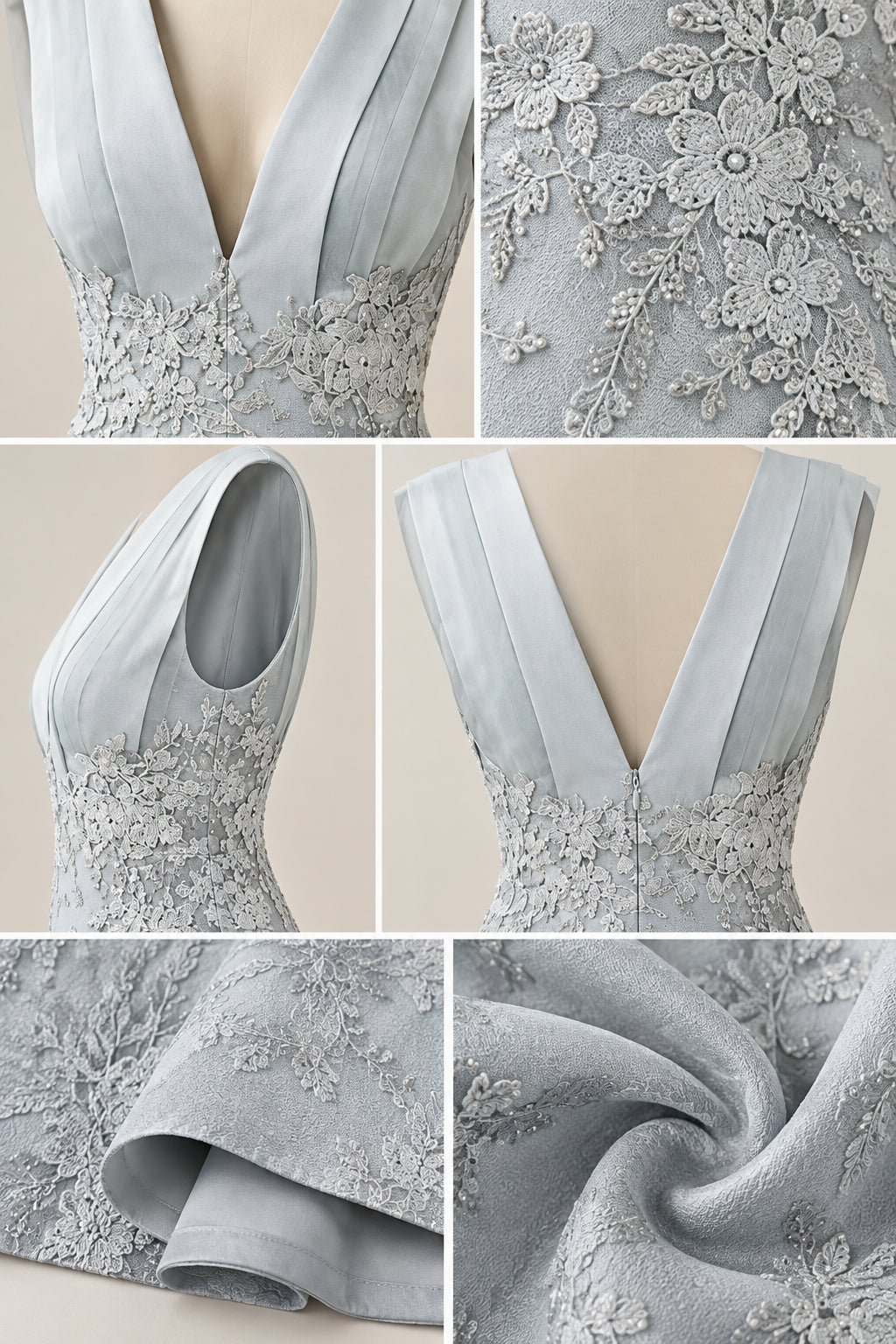 Detailed close-up collage of neckline, floral embroidery, seams, and fabric texture