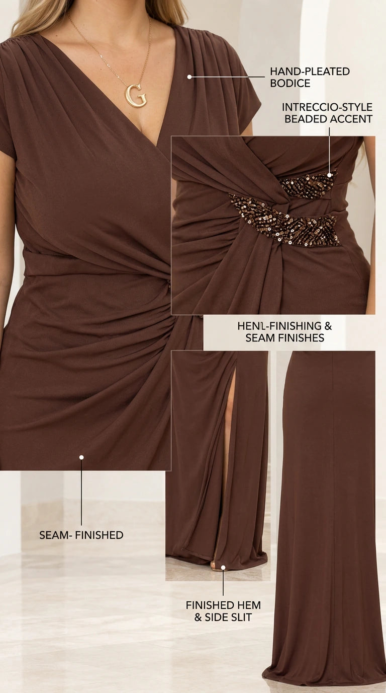 Close-up details of pleated bodice, beaded waist applique, and finished side slit