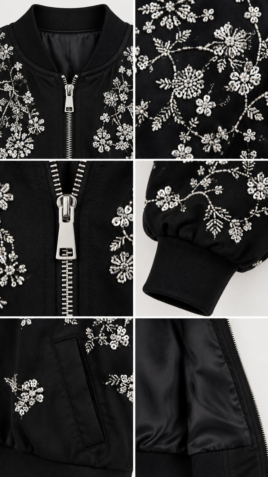 Close-up details of metallic zipper, intricate floral embroidery, ribbed cuff, and lining