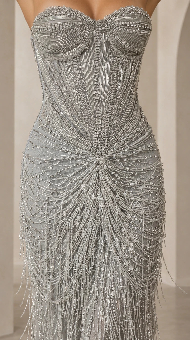 Close-up detail of the intricate silver beadwork, corset bodice, and fringe embellishments