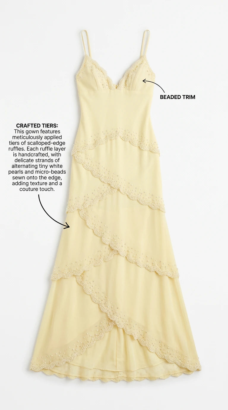 Flat lay detail of pastel yellow gown showing beaded V-neck and scalloped tiers