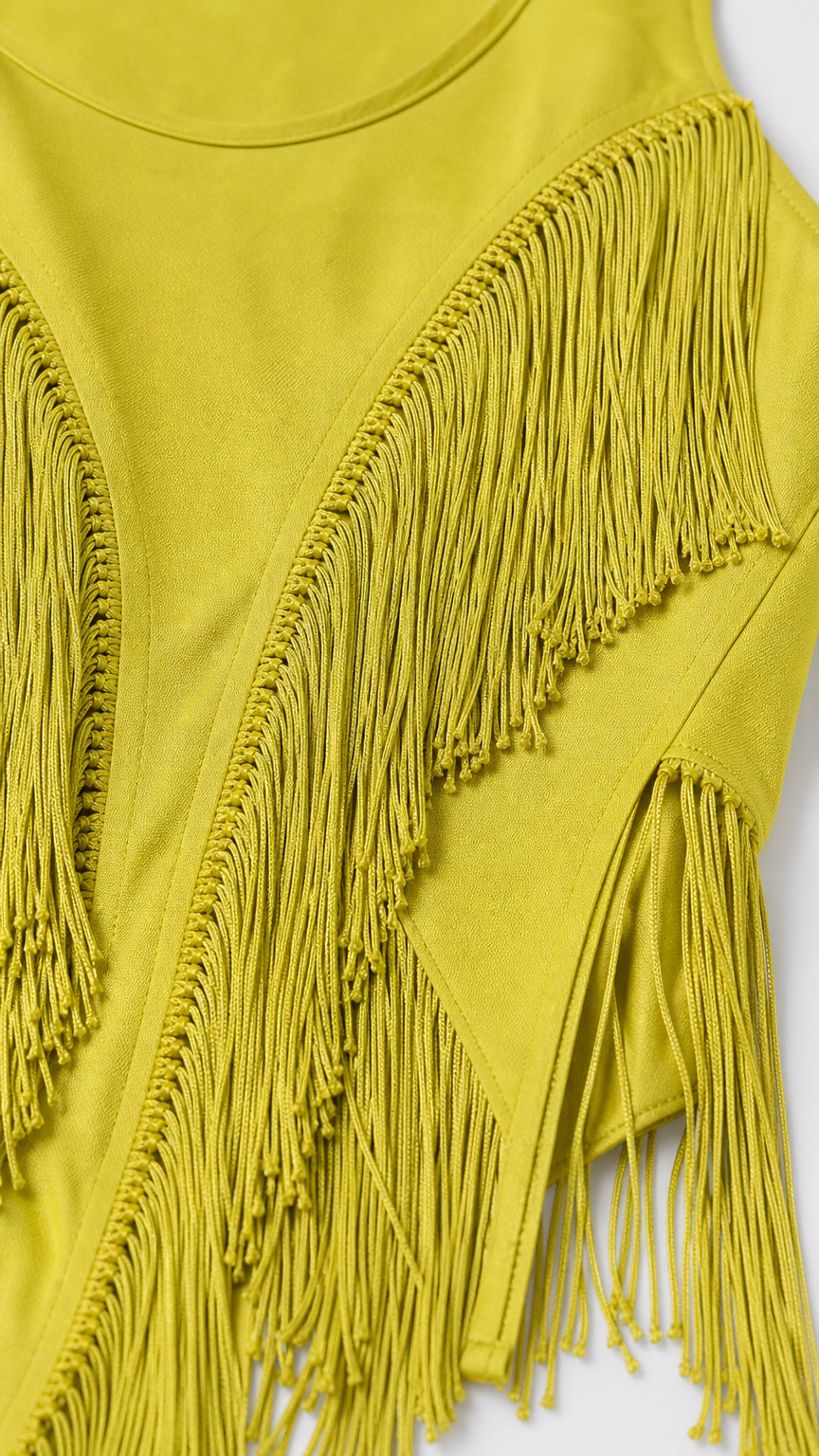 Close-up detail of geometric fringe trim and fabric on yellow dress
