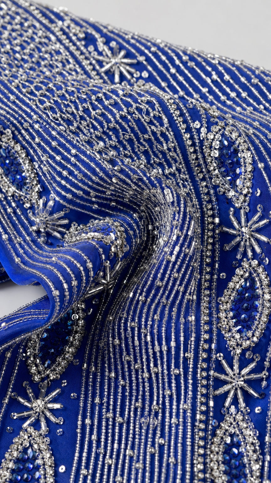 Close up detail of intricate silver beadwork and starburst embroidery on royal blue fabric