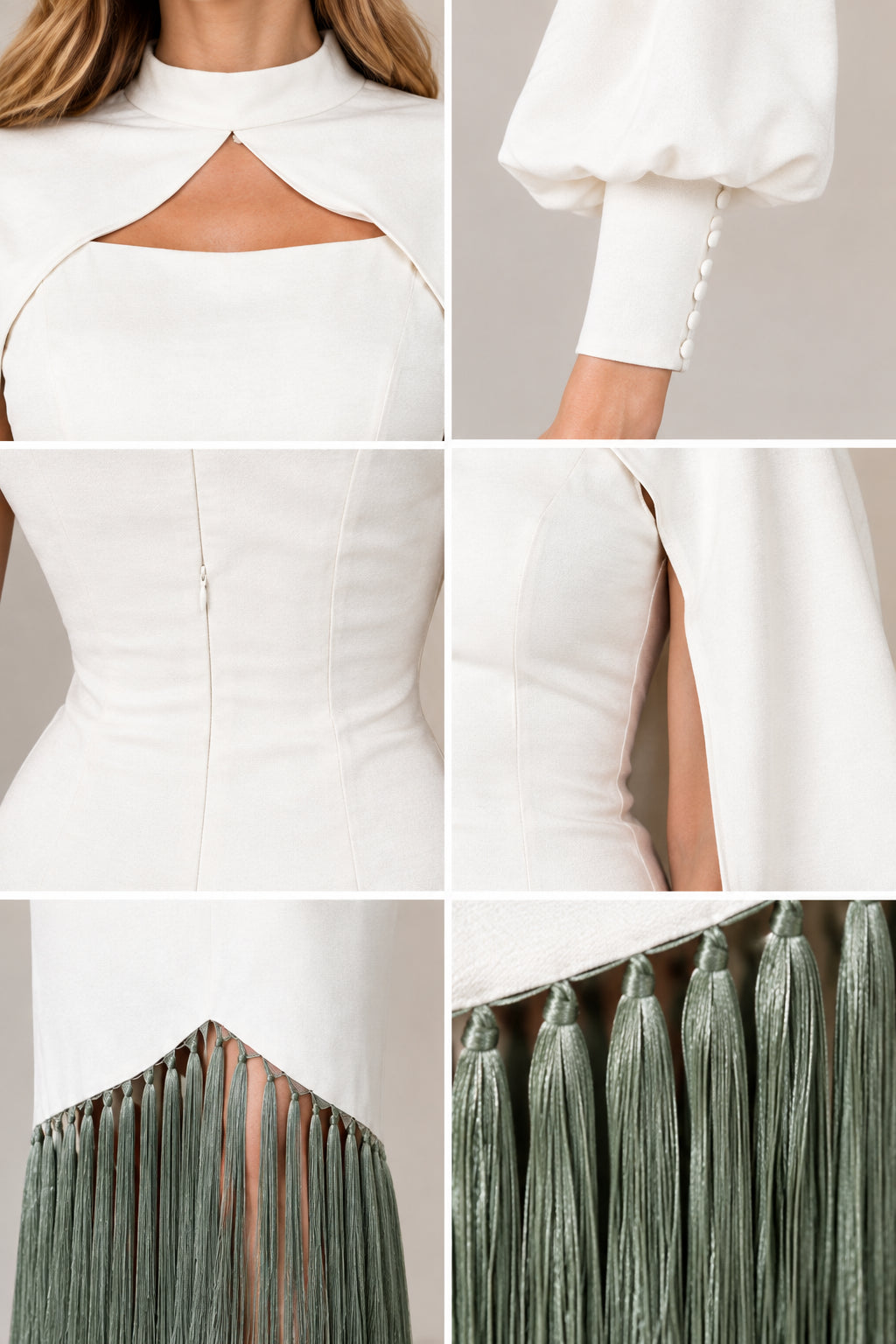 Close-up details of cutout collar, button cuff, invisible zipper, and green tassel fringe