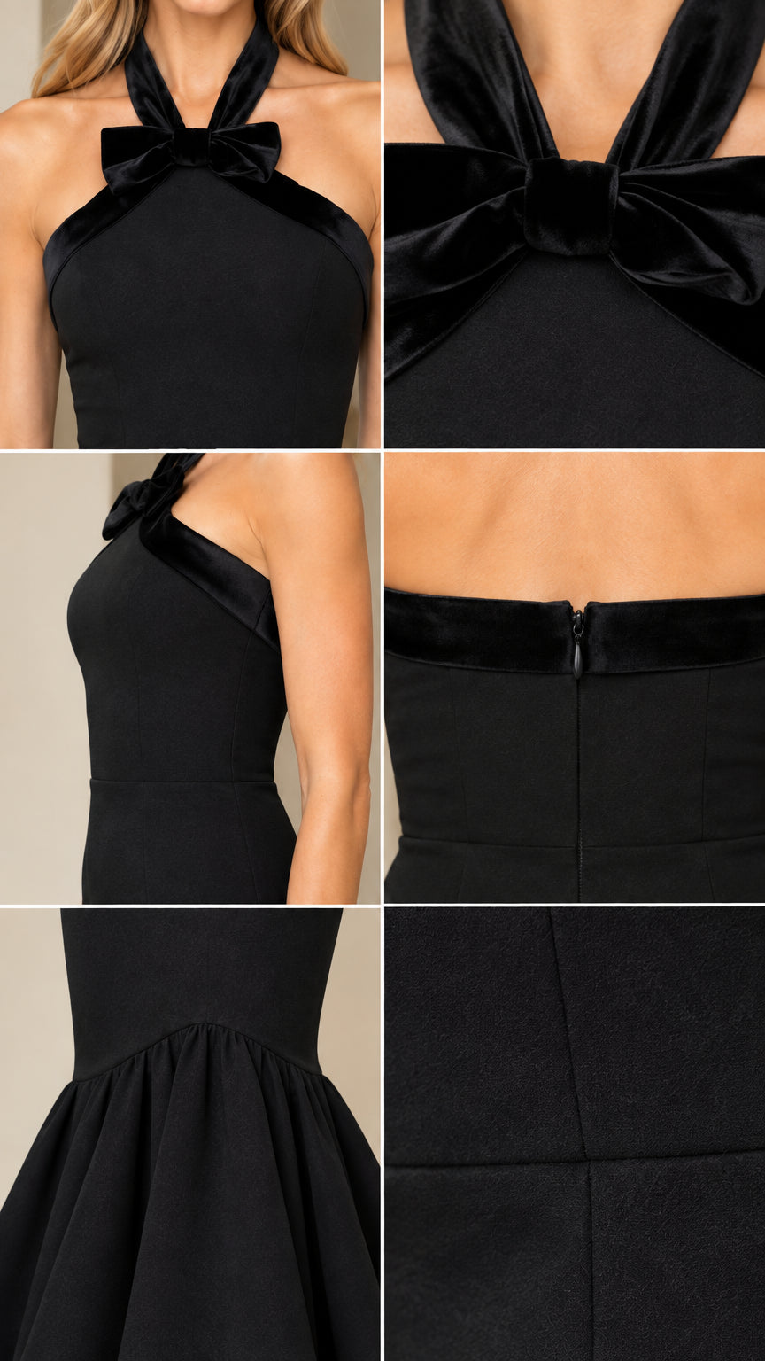 Close-up details of halter bow neckline, fabric texture, and mermaid seam