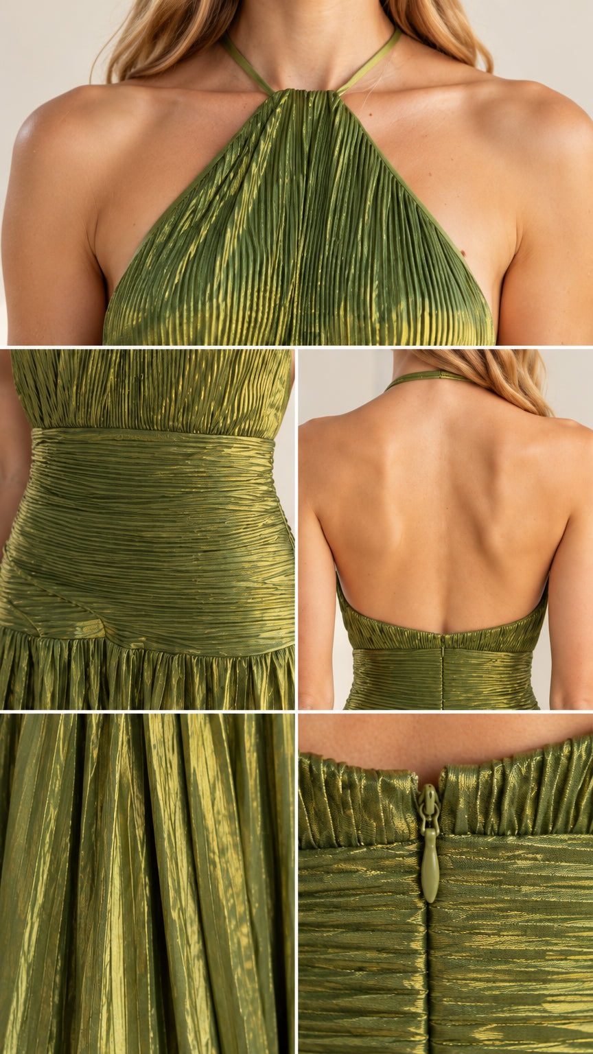 Close-up details of halter neckline, ruched waistline, and hidden zipper