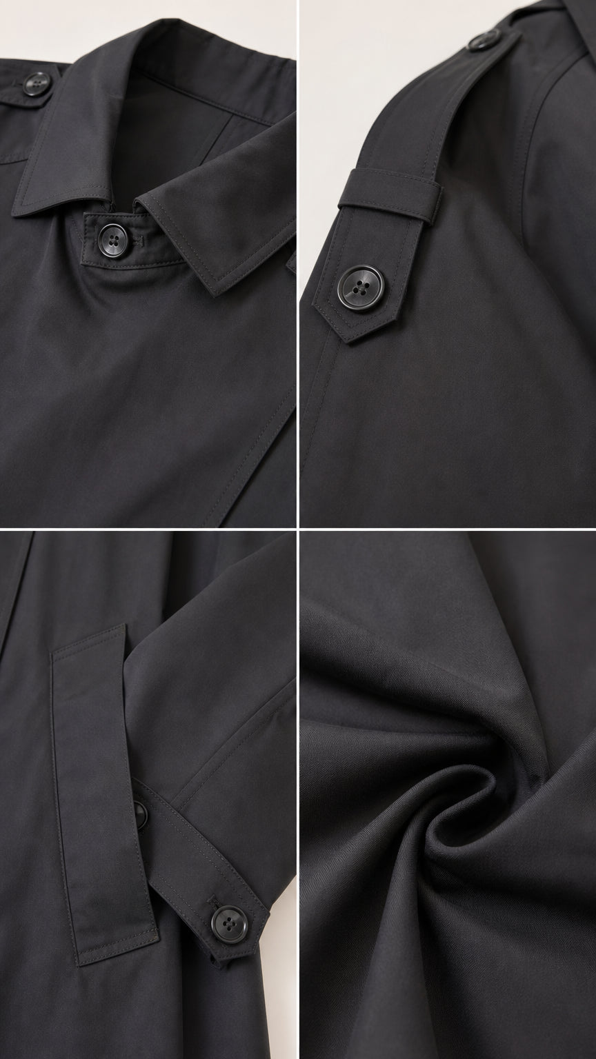 Close-up details of collar, shoulder tabs, pocket, and smooth fabric texture