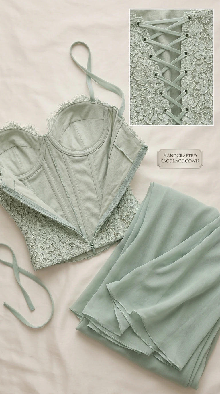 Detailed flat lay showing interior boning and lace craftsmanship of the bodice