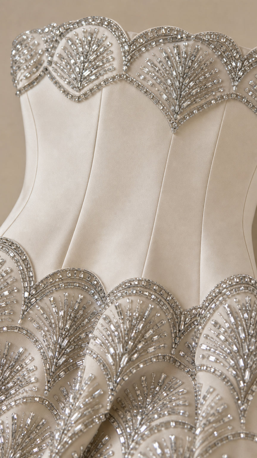 Close-up detail of bodice beadwork and sequins