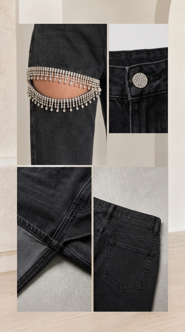 Close-up details of sparkling rhinestone fringe trim, button, and denim seams