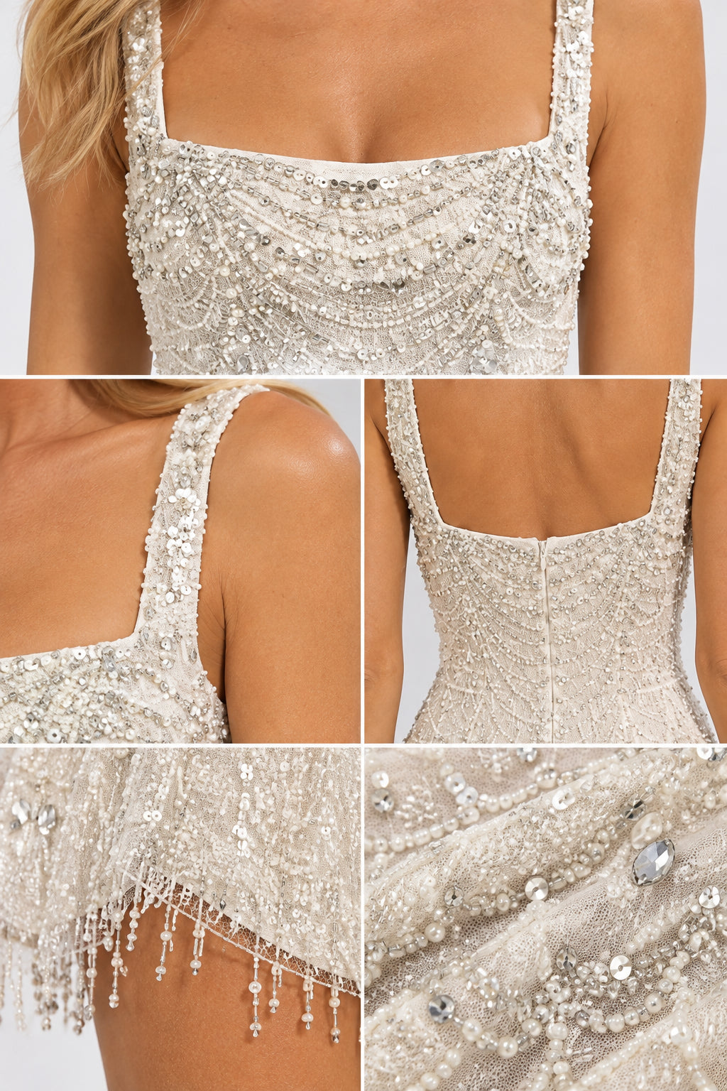 Close-up detail collage showing beading, sequins, back zipper, and fringe trim on Ivory White dress
