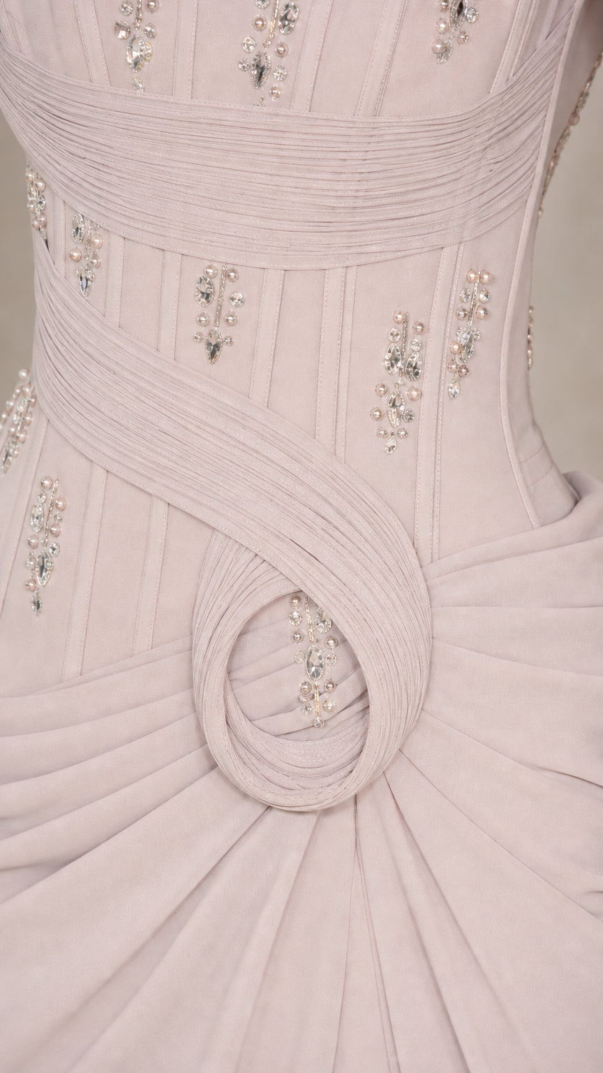 Close-up detail of pleated bodice and crystal embellishments on silver grey dress