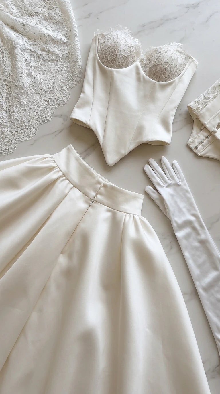 Flat lay detail of white corset bodice, lace fabric, satin skirt, and gloves