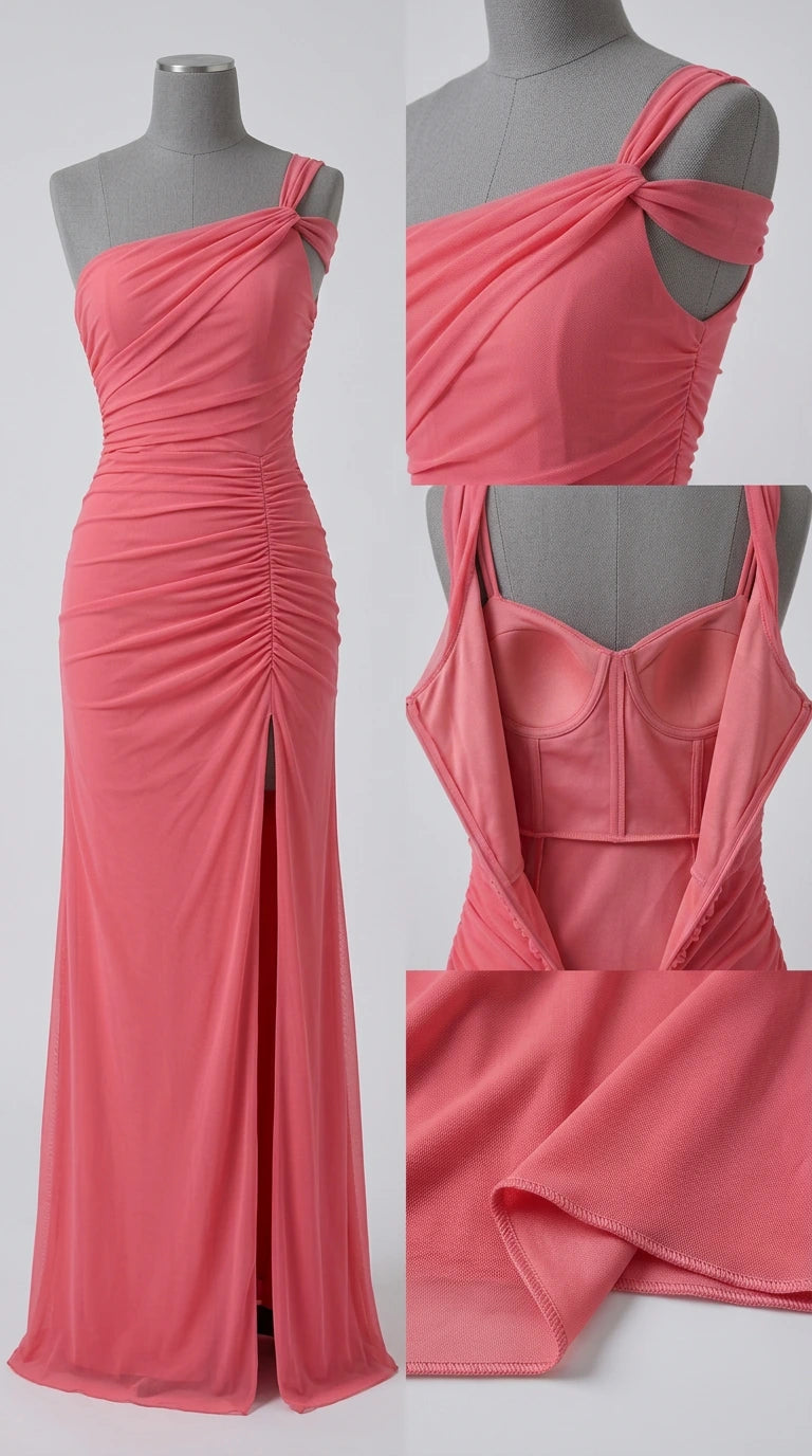 Mannequin display and construction details showing the built-in cups and ruching of the evening gown