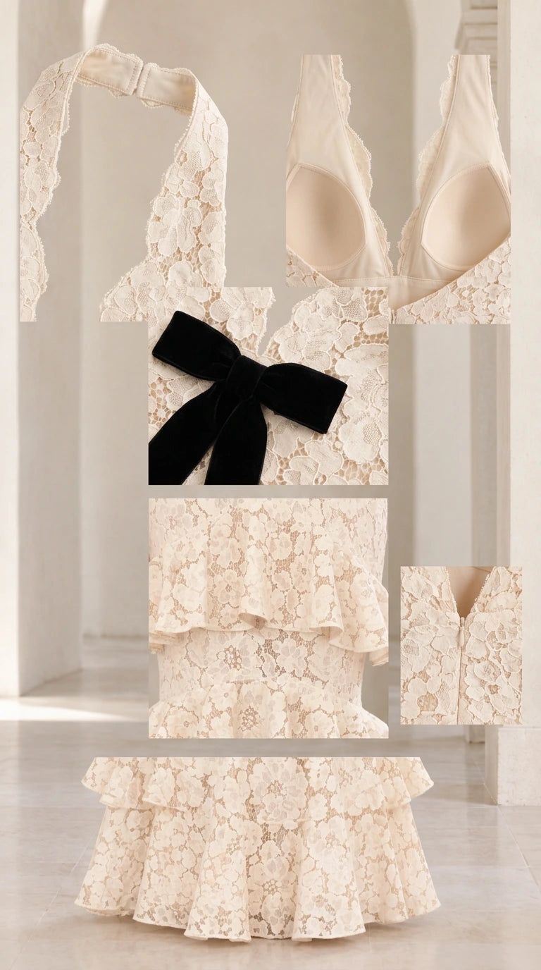 Close-up details of cream lace fabric, halter collar, padded bust, velvet bow, and zipper closure