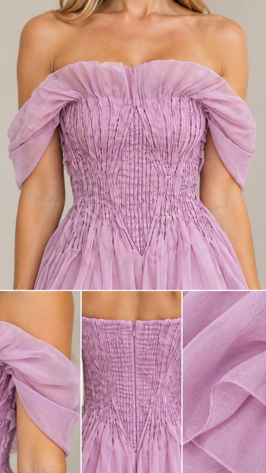 Close-up detail of smocked bodice and ruffled neckline in Lilac