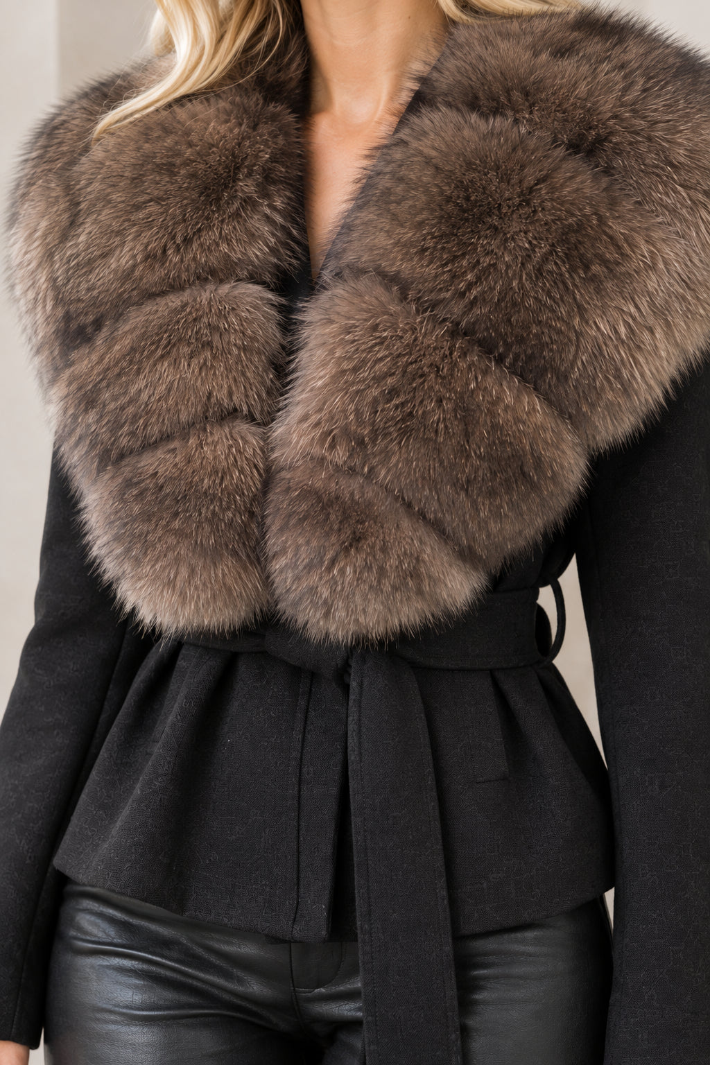 Close-up detail of faux fur collar and belted waist on black jacket