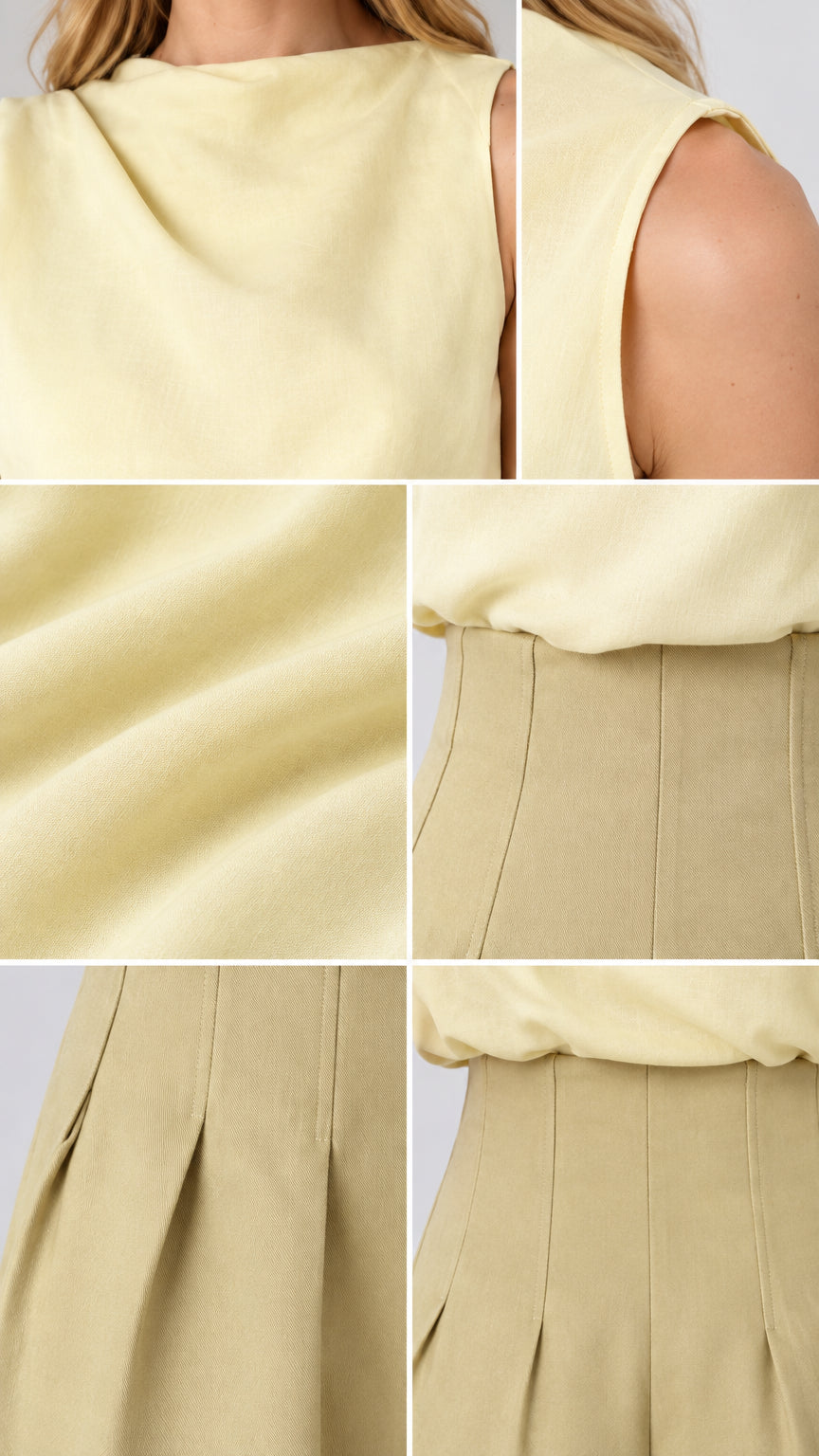 Close-up details of fabric texture, neckline drape, and waist pleats