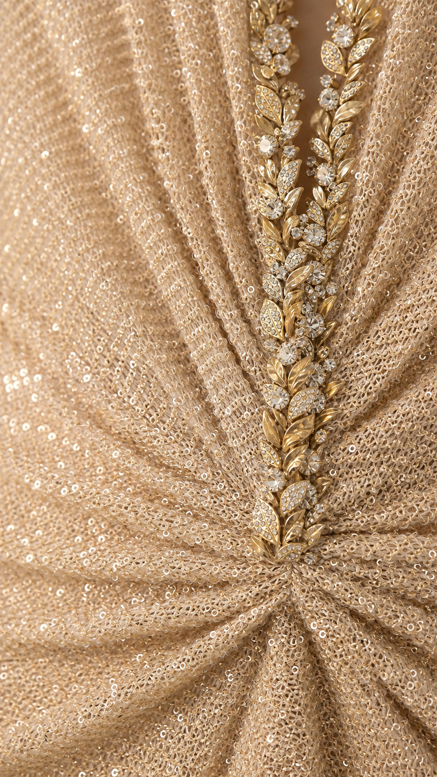 Close-up detail of rhinestone and leaf-beaded neckline